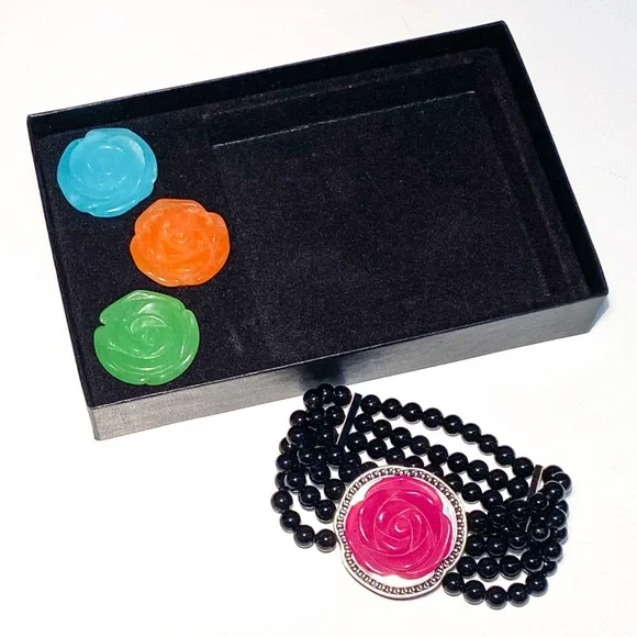 HSN Onyx Stretch Bracelet with Interchangeable 4-in-1 Magnetic Carved Roses - Picture 3 of 14